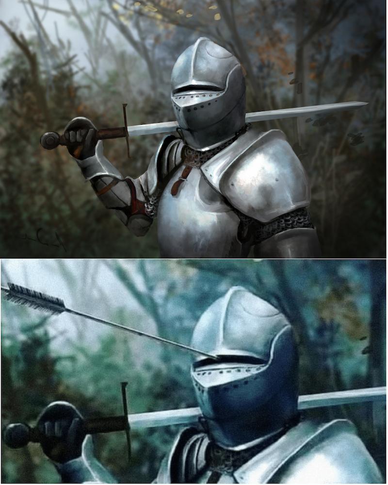 Knight with arrow in helmet